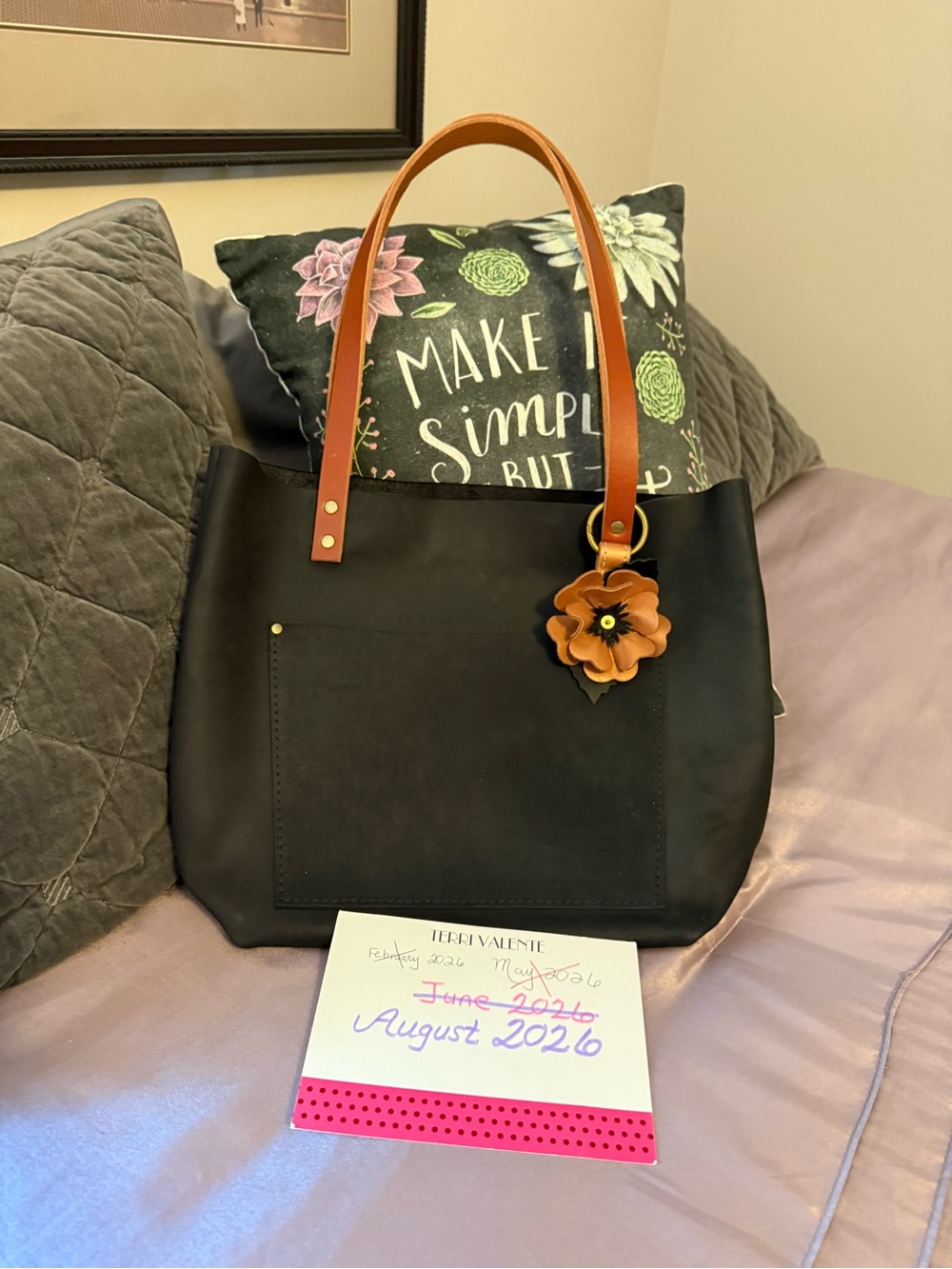 Shadow Black Medium Tote Bag with Tan Handles and Hava Flower flair (PLG)